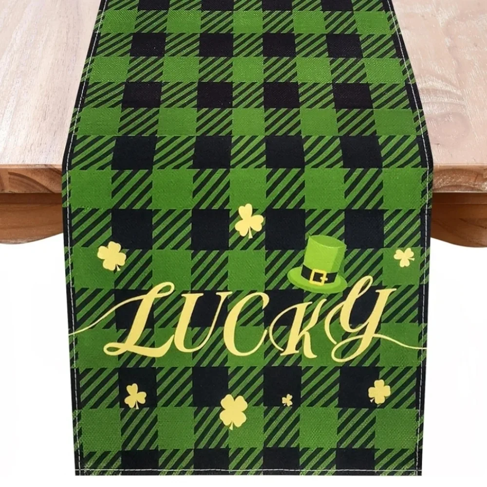 EEIVS St. Patrick's Day Green and Black Plaid Lucky Table Runner 13x36 Inches